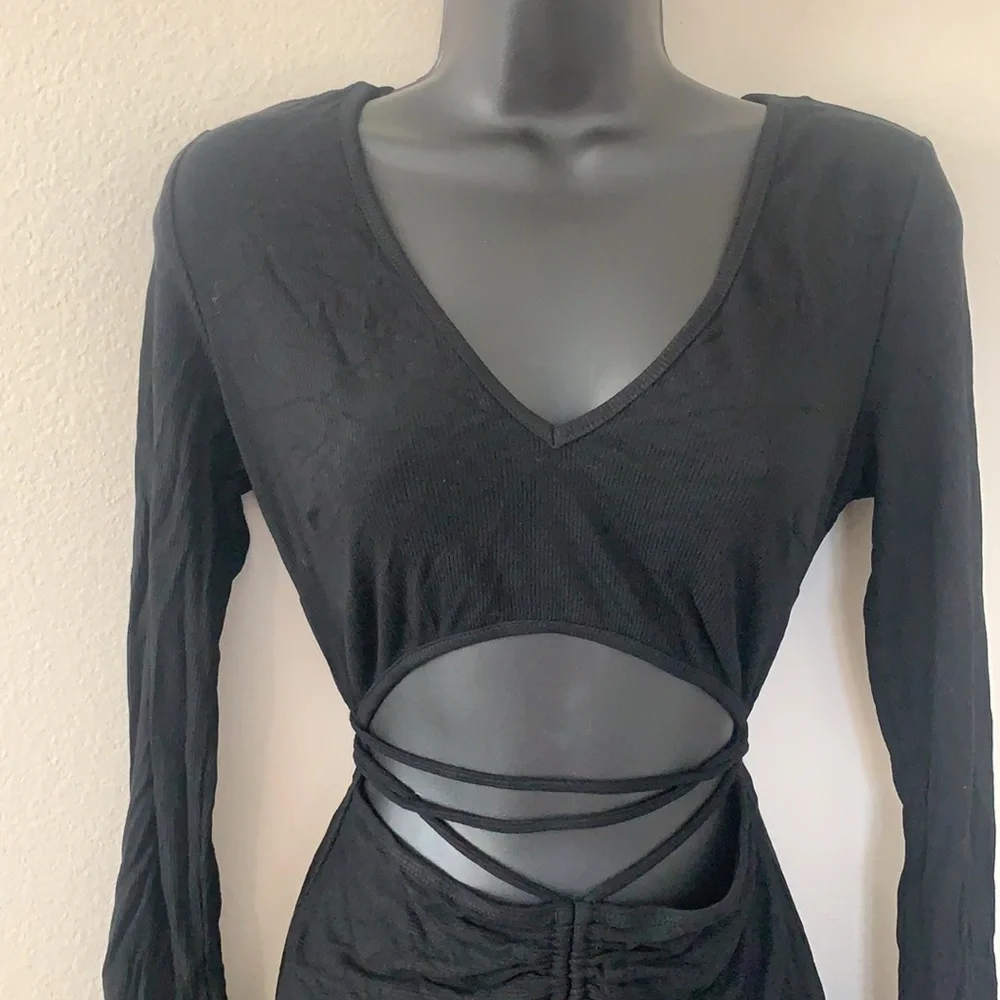 Princess Polly Noa Black Long Sleeve Ribbed Cut Out Criss Cross Tie Mini Dress - Picture 4 of 11